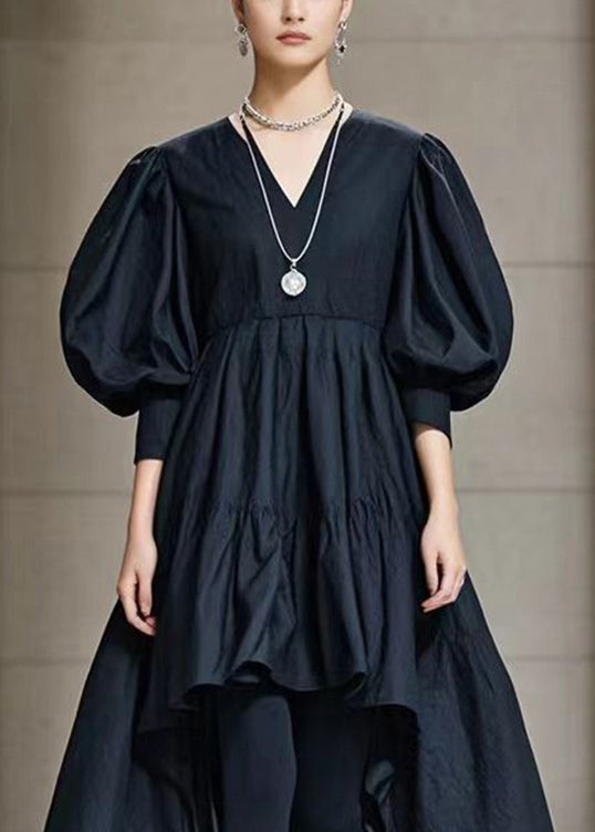 Casual Black Puff Sleeve Low High Design Cotton Maxi Dress