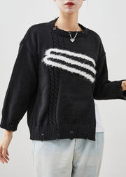 Casual Black Side Open Knit Ripped Sweaters Winter