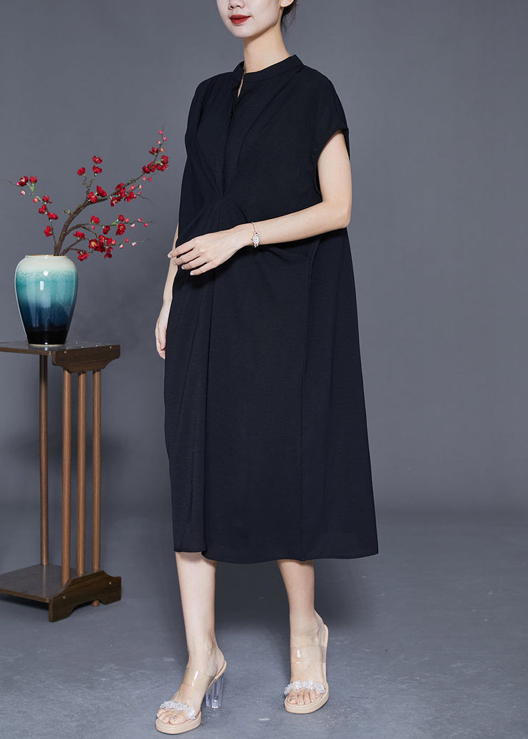 Casual Black Stand Collar Wrinkled Spandex Long Dresses Summer