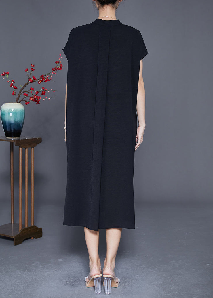 Casual Black Stand Collar Wrinkled Spandex Long Dresses Summer