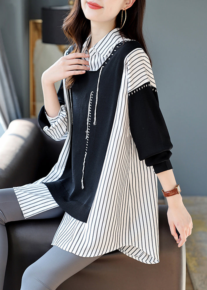 Casual Black Striped Patchwork Low High Design Fake Two Pieces Shirt Long Sleeve