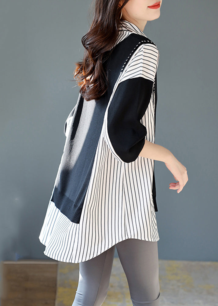 Casual Black Striped Patchwork Low High Design Fake Two Pieces Shirt Long Sleeve