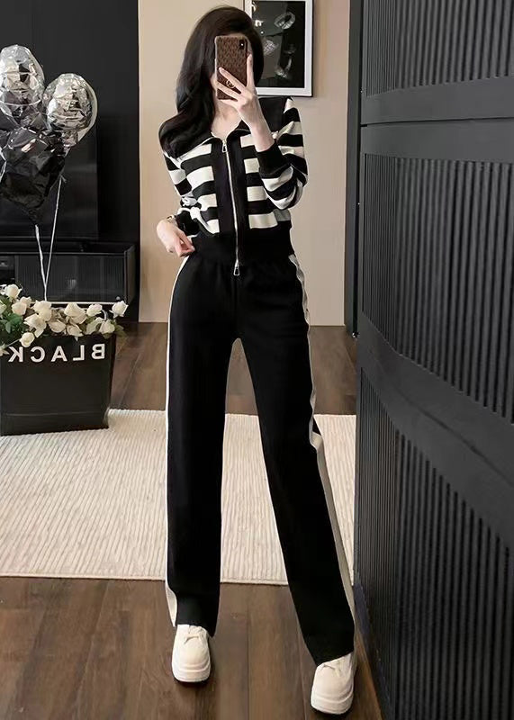 Casual Black Striped Tops And Pants Cotton Two Pieces Set Spring