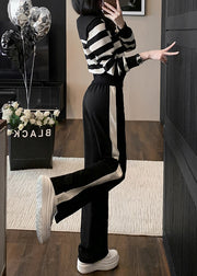 Casual Black Striped Tops And Pants Cotton Two Pieces Set Spring