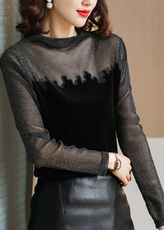 Casual Black Turtleneck Lace Tulle Patchwork Velour Tops Bottoming Shirt