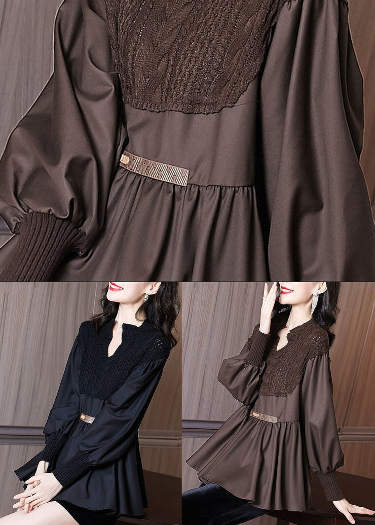 Casual Black V Neck Knit Patchwork Chiffon Shirt Top Long Sleeve