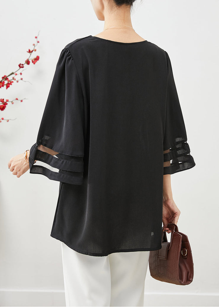 Casual Black V Neck Oversized Chiffon Tops Flare Sleeve