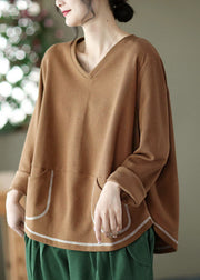 Casual Black V Neck Pockets Patchwork Cotton Sweatshirts Top Long Sleeve