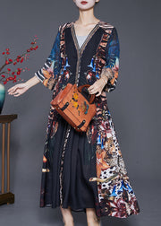 Casual Black V Neck Print Exra Large Hem Chiffon Maxi Dresses Fall