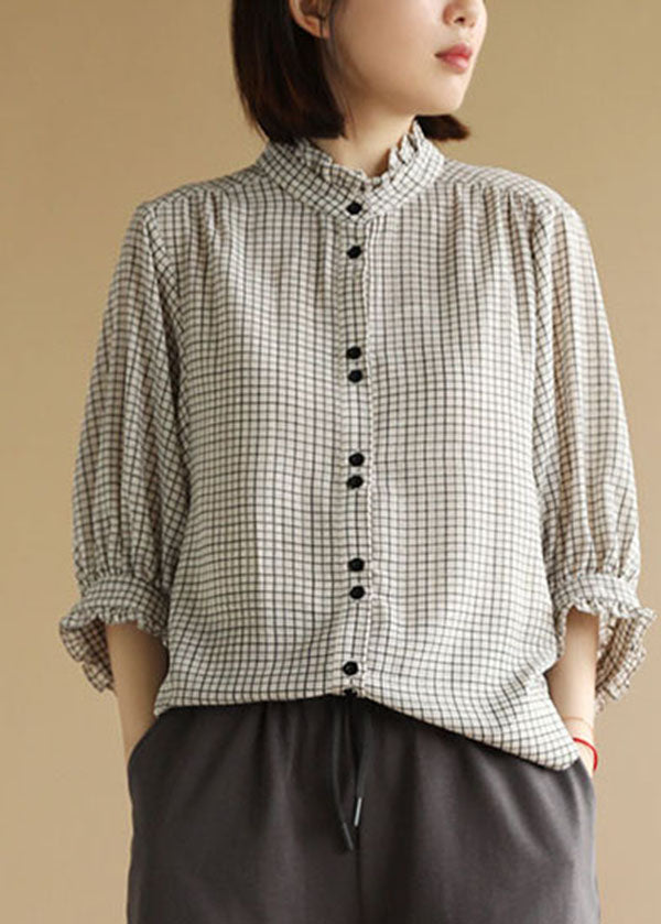 Casual Black White Plaid Ruffled Button Shirt Top Bracelet Sleeve