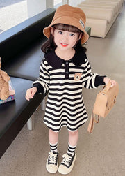 Casual Black White Striped Peter Pan Collar Print Kids Mid Dress Fall