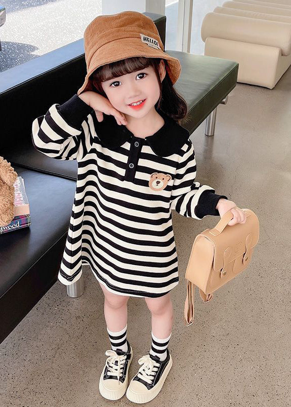 Casual Black White Striped Peter Pan Collar Print Kids Mid Dress Fall