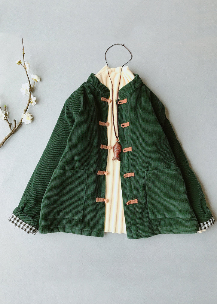 Casual Blackish Green O-Neck Pockets Thick Corduroy Parka Winter