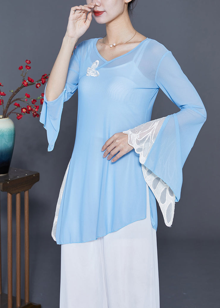 Casual Blue Asymmetrical Patchwork Butterfly Chiffon UPF 50+ Top Summer