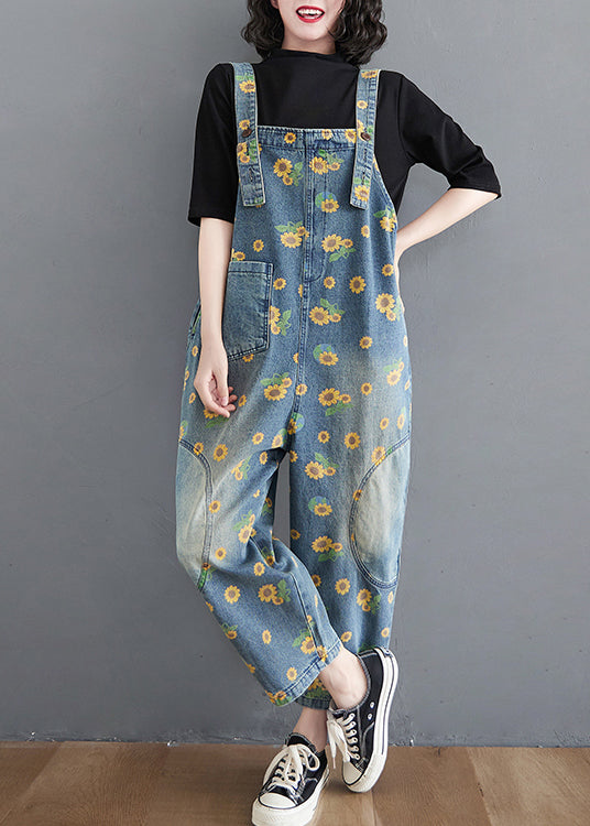 Casual Blue Daisy Patchwork Pockets Denim Jumpsuit Summer