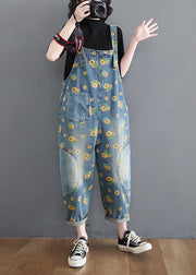 Casual Blue Daisy Patchwork Pockets Denim Jumpsuit Summer