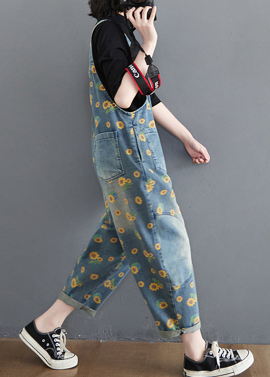 Casual Blue Daisy Patchwork Pockets Denim Jumpsuit Summer