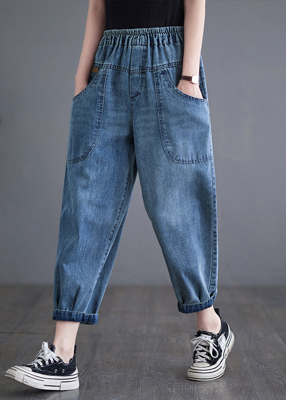 Casual Blue Elastic Waist Pockets Denim Harem Pants Summer