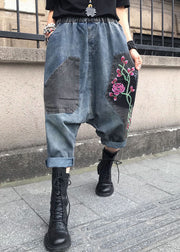 Casual Blue Embroidered Elastic Waist Denim Pants Summer