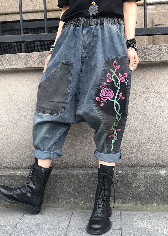 Casual Blue Embroidered Elastic Waist Denim Pants Summer