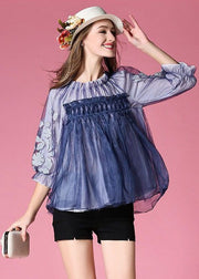 Casual Blue Embroideried Wrinkled Organza Blouses Half Sleeve