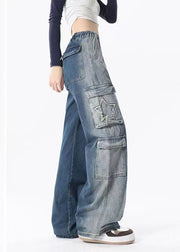 Casual Blue Gradient Pockets Drawstring Elastic Waist Denim Pants Spring