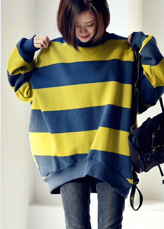 Casual Blue Green Colour Turtleneck Striped Patchwork Warm Fleece Sweatshirt Fall