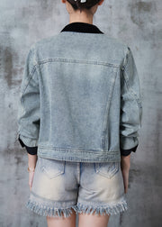 Casual Blue Grey Mandarin Collar Patchwork Chinese Button Denim Coat Fall