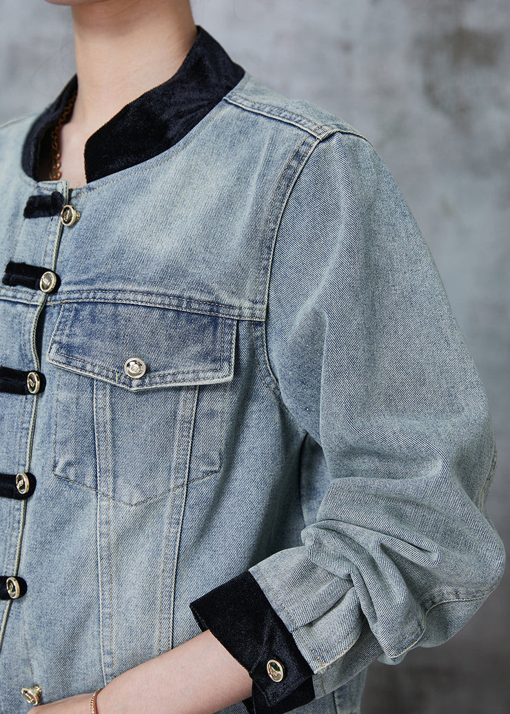 Casual Blue Grey Mandarin Collar Patchwork Chinese Button Denim Coat Fall