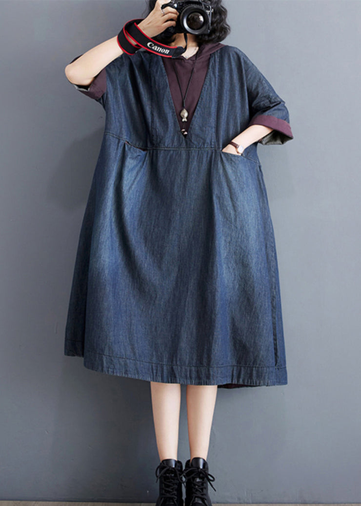 Casual Blue Hooded Patchwork Thin Denim Dress Summer