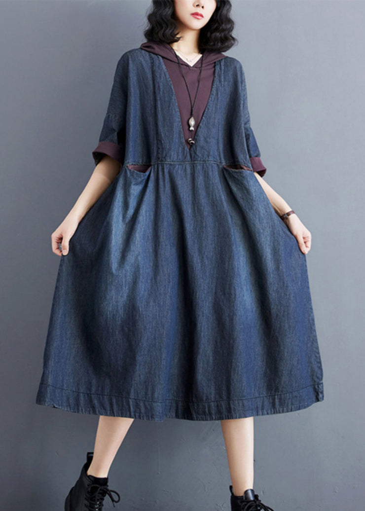 Casual Blue Hooded Patchwork Thin Denim Dress Summer