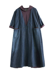 Casual Blue Hooded Patchwork Thin Denim Dress Summer