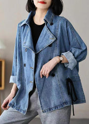 Casual Blue Notched Patchwork Tie Waist Denim Coats Long Sleeve