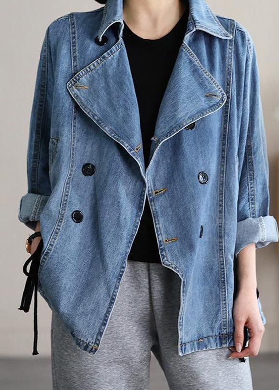 Casual Blue Notched Patchwork Tie Waist Denim Coats Long Sleeve