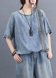 Casual Blue O Neck Plaid Patchwork Denim T Shirt Top Summer