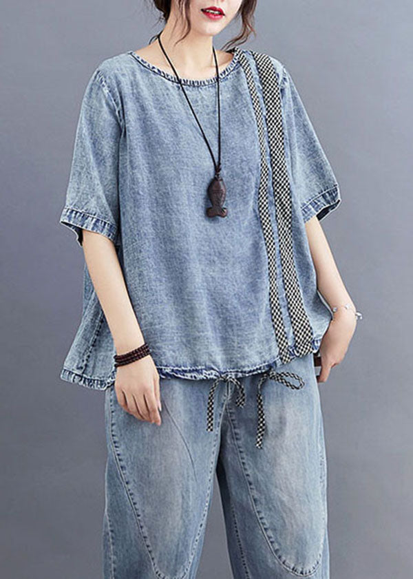 Casual Blue O Neck Plaid Patchwork Denim T Shirt Top Summer