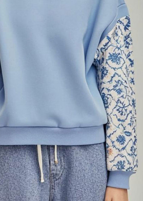 Casual Blue O Neck Print Patchwork Cotton Pullover Sweatshirt Fall