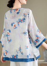 Casual Blue O-Neck Print Patchwork Shirt Long Sleeve