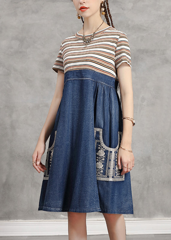 Casual Blue O-Neck Striped Knit Patchwork Denim Mid Dress Short Sleeve