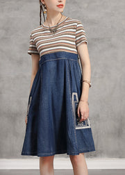 Casual Blue O-Neck Striped Knit Patchwork Denim Mid Dress Short Sleeve