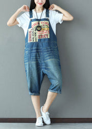 Casual Blue Oversized Applique Cotton Denim Jumpsuit Spring