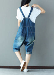 Casual Blue Oversized Applique Cotton Denim Jumpsuit Spring