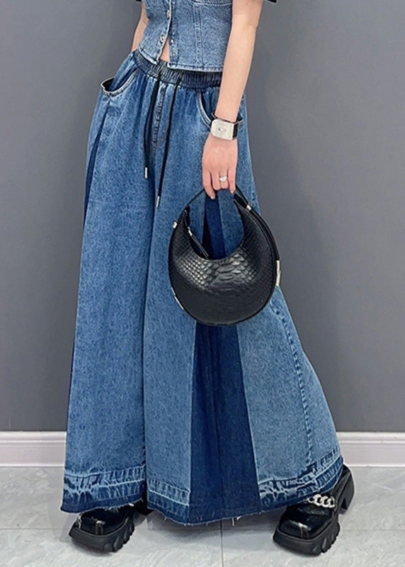 Casual Blue Patchwork Drawstring Elastic Waist Denim Wide Leg Pants Summer