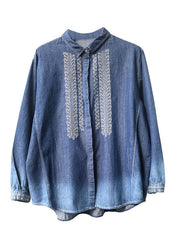 Casual Blue Peter Pan Collar Embroideried Cotton Denim Shirt Top Long Sleeve