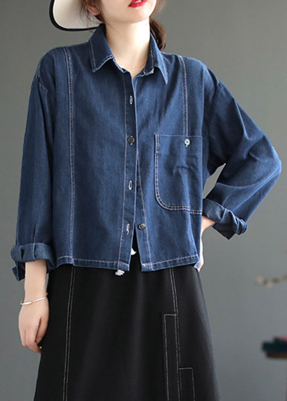 Casual Blue Peter Pan Collar Patchwork Button Denim Coats Spring