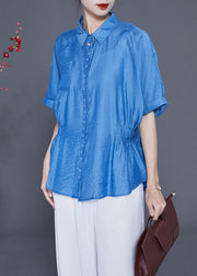 Casual Blue Peter Pan Collar Wrinkled Silk Shirt Tops Summer