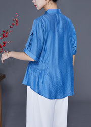 Casual Blue Peter Pan Collar Wrinkled Silk Shirt Tops Summer