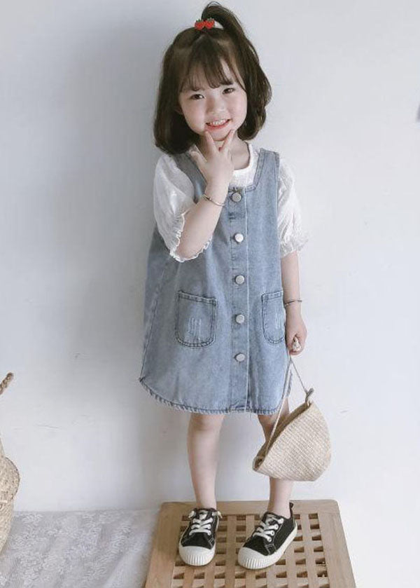 Casual Blue Pockets Button Patchwork Denim Kids Girls Dress Two Piece Set Summer