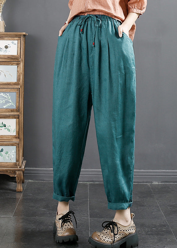 Casual Blue Pockets Cinched Elastic Waist Linen Crop Pants Fall