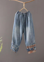 Casual Blue Pockets Elastic Waist Patchwork Denim Crop Pants Summer